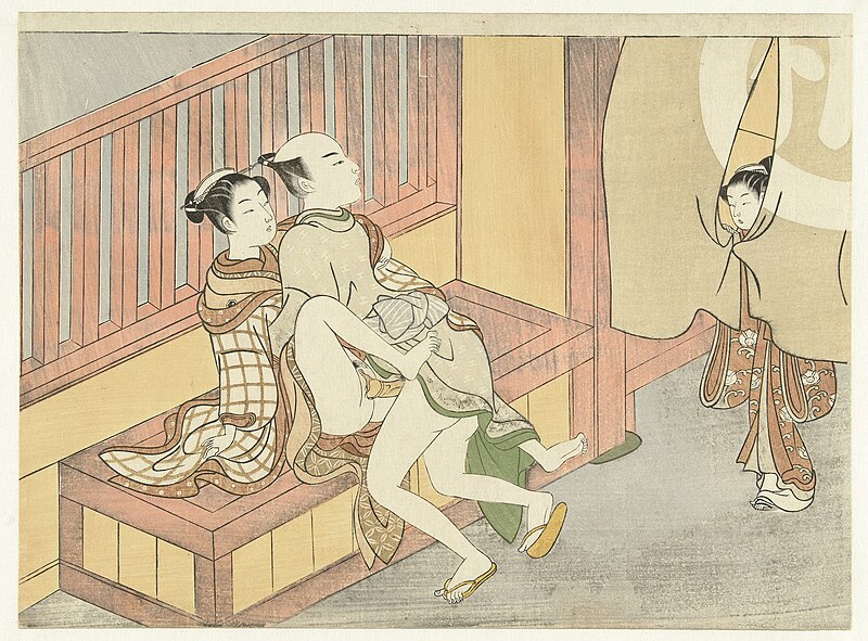 Couple making out with girl watching, Suzuki Harunobu, between 1769 and 1770
