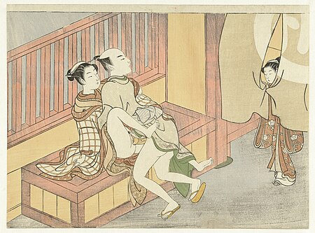 Couple making out with girl watching, Suzuki Harunobu, between 1769 and 1770