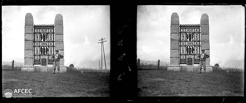Man in front of a monument in Cerdanya, Gustave Violet, circa 1933