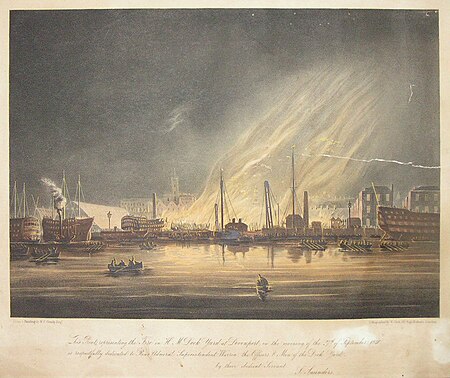 This View representing the Fire in H.M. Dock Yard at Devonport, on the morning of the 27th Sepr, 1840, by W. Clerk, after Nicholas Condy