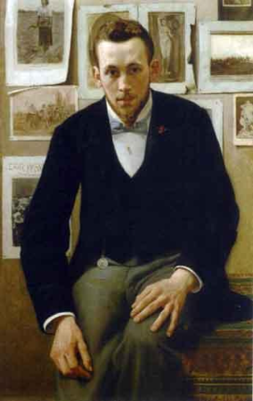 Man Sitting in Front of a Wall Decorated with Prints and Drawings, Jef Leempoels, between 1890 and 1935