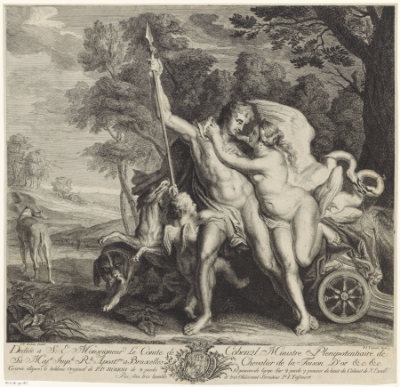 Venus tries to prevent Adonis from going hunting, Philip Joseph Tassaert, between 1753 and 1770