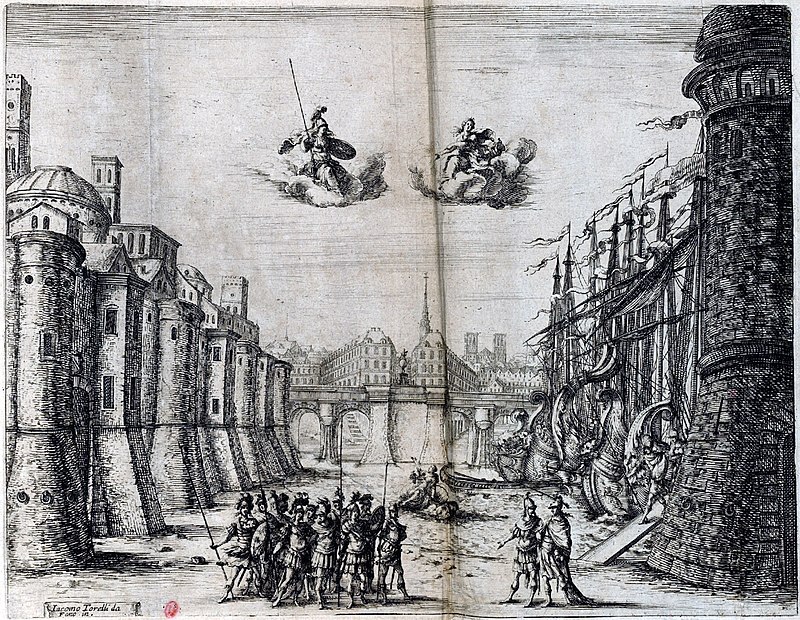 Set design for Sacrati's 'La finta pazza' (Paris, 1645) from 'Scene e machine preparate alle nozze di Teti Balletto reale' – INHA NUM 4 RES 1152 vue 41 Act I 1–2, Giacomo Torelli