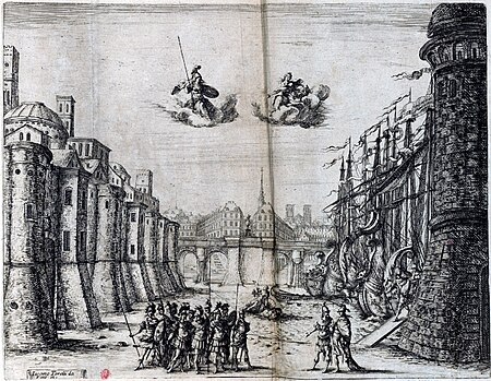 Set design for Sacrati's 'La finta pazza' (Paris, 1645) from 'Scene e machine preparate alle nozze di Teti Balletto reale' – INHA NUM 4 RES 1152 vue 41 Act I 1–2, Giacomo Torelli