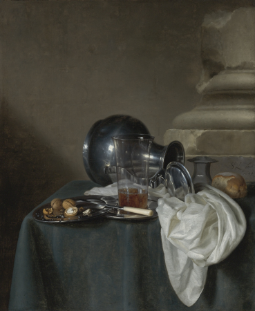 Still Life with a pewter jug on its side, a glass of ale, a salt cellar, a bread roll and other objects on a table, Simon Luttichuys, 1649