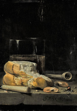 Still life of bread, prawns, a pipe and a glass of beer arranged on a table, Jan Fris, 1669
