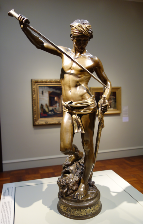 David with the Head of Goliath by Marius-Jean-Antonin Mercié, after 1872, bronze with dark brown patina, gilded and silvered DSC04326, Antonin Mercié