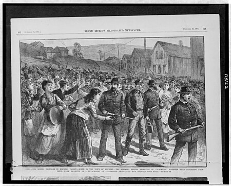 Ohio - the mining troubles in Hocking Valley - scene in the town of Buchtel - the striking miners' reception of "Blackleg" workmen when returning from their work escorted by a detachment of LCCN97512282, Frank Leslie, 1884