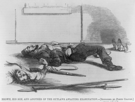 Brown, his son, and another of the outlaws awaiting examination, sketched by Porte Crayon, David Hunter Strother, 5 November 1859