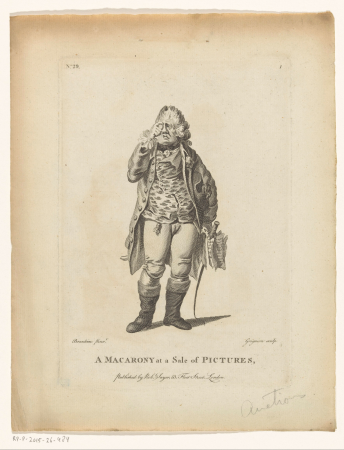 Macaroni op een schilderijenveiling A Macarony at a Sale of Pictures (titel op object), RP-P-2015-26-484, Charles Grignion the Elder, circa 1771