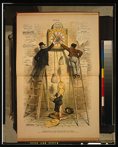 Arbitration is the true balance of power. Puck- "Don't meddle with the hands, gentlemen - this pendulum is the only thing to regulate that clock!" LCCN98507329, 1886
