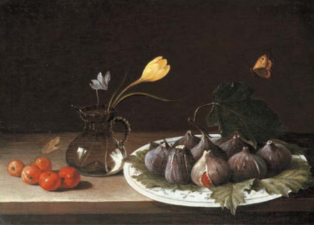 A VASE WITH A CROCUS AND A CYCLAMEN, FIGS IN A PORCELAIN DISH AND CRAB APPLES LUCA FORTE (NAPLES C. 1615 - BEFORE 1670)