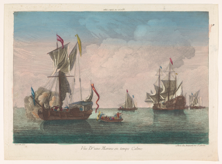 Zeegezicht met schepen en boten op een kalme zee Marine en temps calme (titel op object), RP-P-1921-788, between 1745 and 1775