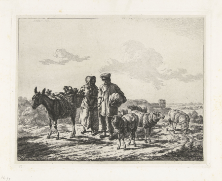 Man en vrouw met bepakte ezel, RP-P-1910-3102, Frédéric Théodore Faber, 1842