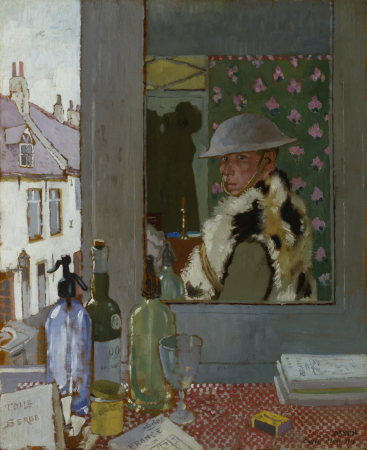 Painted shortly after his arrival in France, Orpen is inspecting himself in the mirror wearing his military uniform. In a wonderfully revealing self-portrait, he sets out an artistic agenda of colour, pattern, Art.IWMART2380, William Orpen