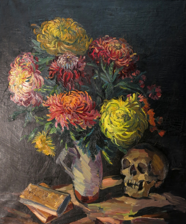 Chrysanthemums with skull and two books, 	“All Souls' Day”, Stephanie Hollenstein, 1924