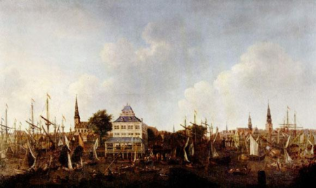 Treehouse in Hamburg with the port, Johann Georg Stuhr, 1690