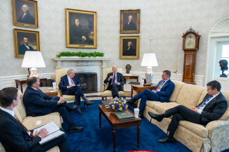 President Joe Biden holds a bipartisan meeting on Artificial Intelligence (AI) with Senators Chuck Schumer (D-NY), Martin Heinrich (D-MN), Mike Rounds (R-SD) and Todd Young (R-IN), Tuesday, October 31, 2023, in the Oval Office, Gilbert Stuart