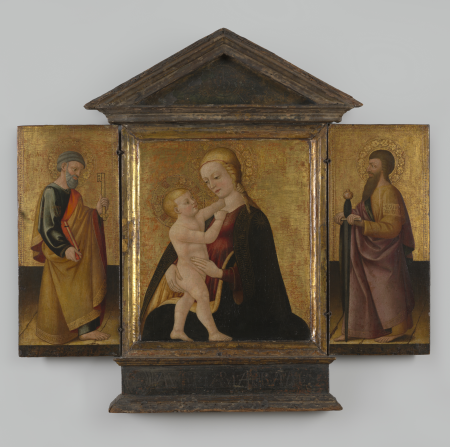 Triptych "Virgin Mary with Child, St. Peter and St. Paul" on wood by Neri di Bicci, circa 1470, Florence