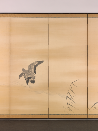 A folding screen depicting reed geese; a folding screen depicting willows and a floating moon, Maruyama Ōkyo