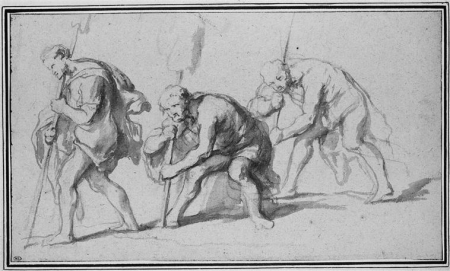 Three studies of a man carrying a heavy trophy, Peter Paul Rubens, between 1600 and 1640
