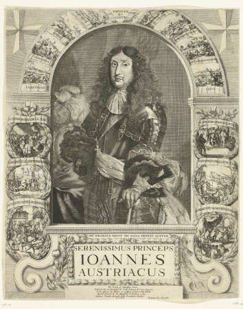 Portret van Don Juan II van Oostenrijk in wapenuitrusting Serinissimus Princeps Ioannes Austriacus (titel op object), RP-P-1908-24, Romeyn de Hooghe, between 1655 and 1708