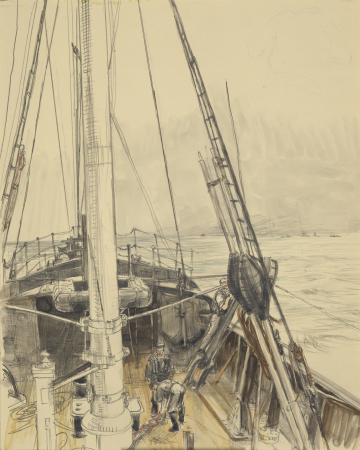 Forward from the Wheelhouse, Hm Trawler Mackenzie- the figures are just about to slip the 'kite' used to sink the wire hawser to the required depths for sweeping Art.IWMART905, Francis Dodd