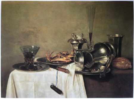 Still life with upturned Jan Steen pitcher, crab, and drinking vessels, Willem Claesz. Heda, 1636