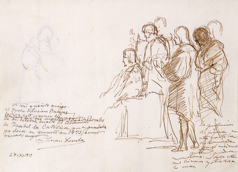 Seated figure surrounded by standing figures. Study for Isabella the Catholic Dictating Her Testament [Doña Isabel la Católica dictando su testamento], circa 1863., Eduardo Rosales, 1835
