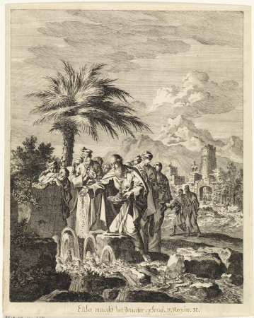Elisa strooit zout in de bron van Jericho, RP-P-OB-45.358, Jan Luyken, 1708