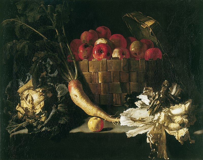 Still Life with apples in a wicker basket, with a cabbage, parsnip, lettuce and an apple on a stone ledge, Giovanni Battista Recco