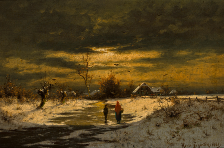 Figures on a path in the snow at sunset, Heinrich Gogarten, 1881