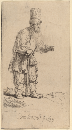 A Peasant in a High Cap, Standing Leaning on a Stick, Rembrandt, 1639