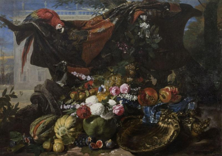 Still life with fighting cat and parrot, David de Coninck, circa 1672-94