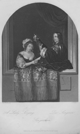 Singing lady and lute-playing gentleman behind stone window parapet, Albert Henry Payne, circa 1845