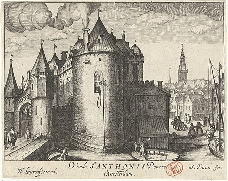 View of the First St. Anthony's Gate in Amsterdam. The old St. Anthony's Gate in Amsterdam. (title on object)Views in and around Amsterdam (Simon Frisius) (series title), Simon Frisius, between 1607 and 1648