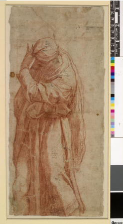 Taddeo Zuccaro - Verso A standing man, turned to left, shielding his face with his arm, 1946,0713.627, Taddeo Zuccari, between 1544 and 1566