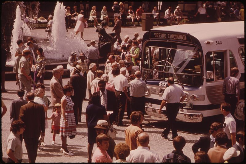 CINCINNATI BOUGHT THE PRIVATELY-OWNED TRANSIT SYSTEM RENAMED IT "METRO" AND PUT NEW PAINT ON THE BUSES. THE NEW SYSTEM IS INTRODUCED AT NOONTIME IN DOWNTOWN FOUNTAIN SQUARE