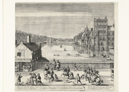 Gezicht op het Binnenhof en de Hofvijver, 1621 (middenblad) Curia Hagae Comitum, Hollandiae (titel op object), RP-P-OB-80.976B, Simon Frisius
