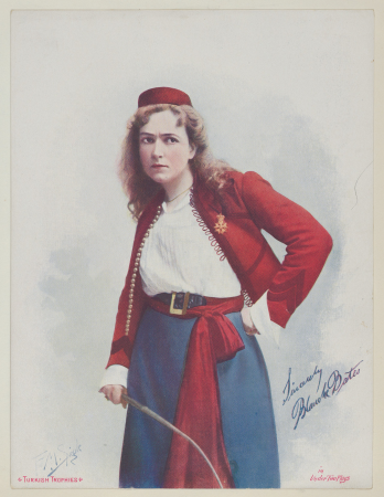 Blanche Bates in Under Two Flags, from the Actresses series (T1), distributed by the American Tobacco Co. to promote Turkish Trophies Cigarettes, Frederick Moladore Spiegle, 1900