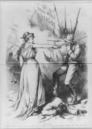 "Halt!" "This is not the way 'to repress corruption and to initiate the Negroes into the ways of honest and orderly government.'" - Th. Nast. LCCN2004678774, Thomas Nast, 1874