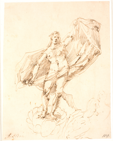 Woman who, with a large movement, unfolds a drapery behind her. Below right scratch of two ignudi, Francis Cleyn