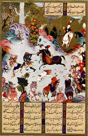 "Tahmuras Defeats the Divs", Folio 23v from the Shahnama (Book of Kings) of Shah Tahmasp, Sultan Muhammad, between 1500 and 1550