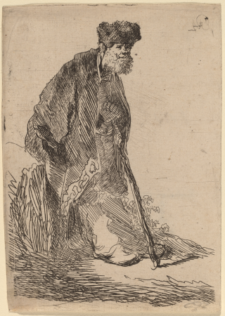Man in a Coat and Fur Cap Leaning against a Bank, Rembrandt, circa 1630