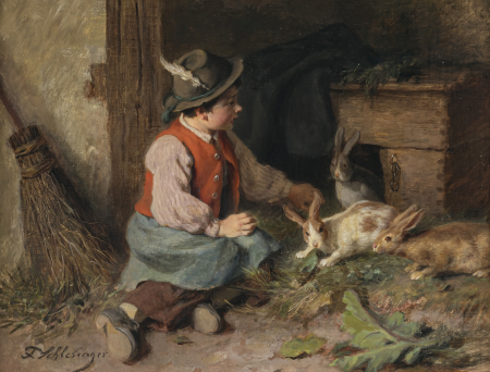 Peasant boy with three rabbits, Felix Schlesinger