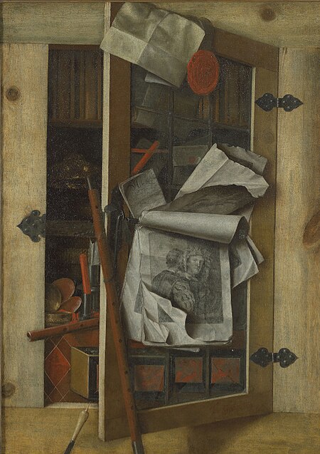 Trompe-l'oeil of an open cabinet with an engraving of Titian's Bravo and assorted objects, Franciscus Gijsbrechts, between 1650 and 1701