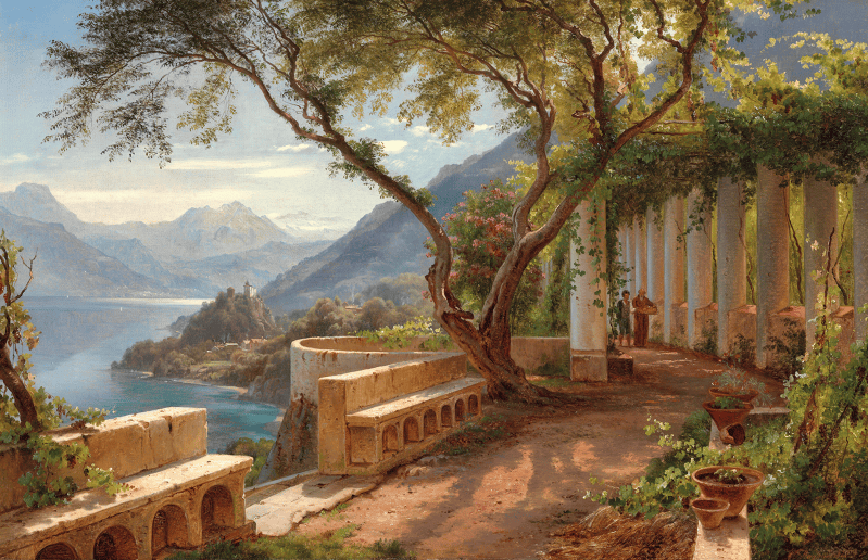 A monk and a novice at an Italian loggia, with an inlet and some mountains in the background., Carl Frederik Aagaard, 1877