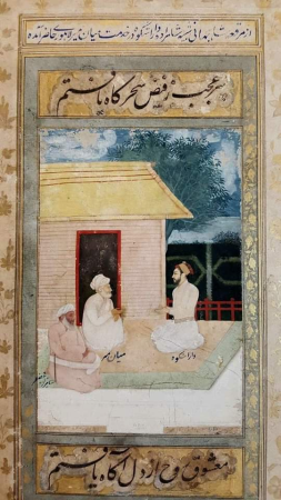 Painting showing Dara Shikoh, Mullah Shah Badakhshi in meeting with Hazrat Mian Mir in background of river and tree at Lahore, circa 17th century, Chitarman