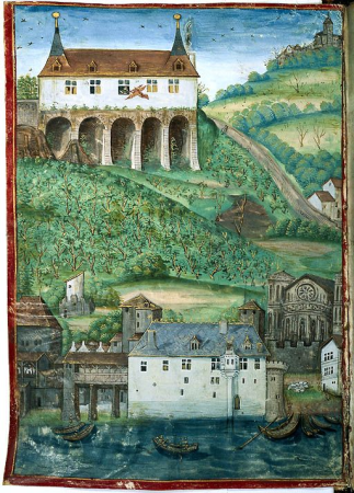 Partial view of the hill of Fourvière with the house of Pierre Sala, illumination. Extract from: Complainte au dieu d'Amour by Pierre Sala, Guillaume II Le Roy, circa 1517-1523
