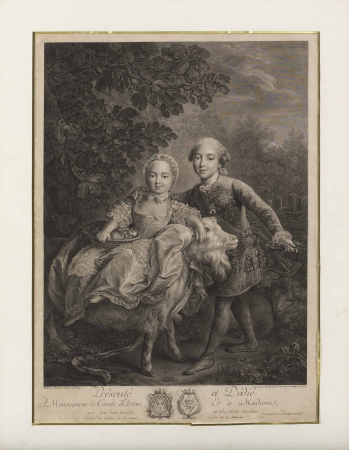 The Count of Artois as a child supporting Miss Clotilde mounted on a goat, Jacques Firmin Beauvarlet